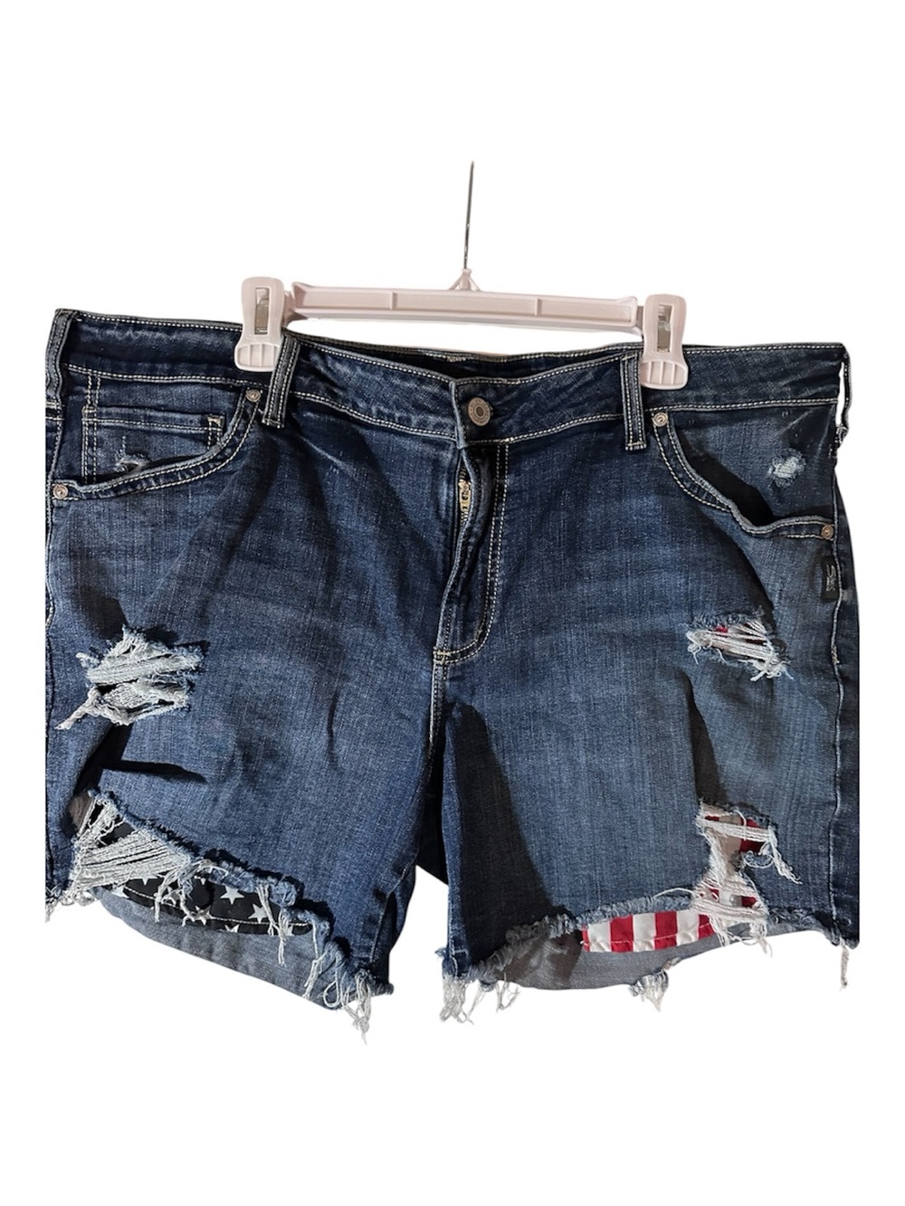 Silver Jeans Dark Blue Distressed Denim Shorts with Flag Patch